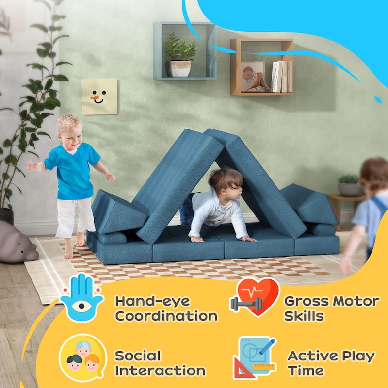 12 Pcs Kids Modular Couch, Toddlers Couch Child Sectional Sofa, Playroom Bedroom Furniture for Boys and Girls, Blue