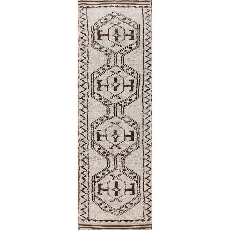 Beige Tribal Anatolian Runner Rug Hand-knotted Wool Carpet - 3'1"x 12'7"