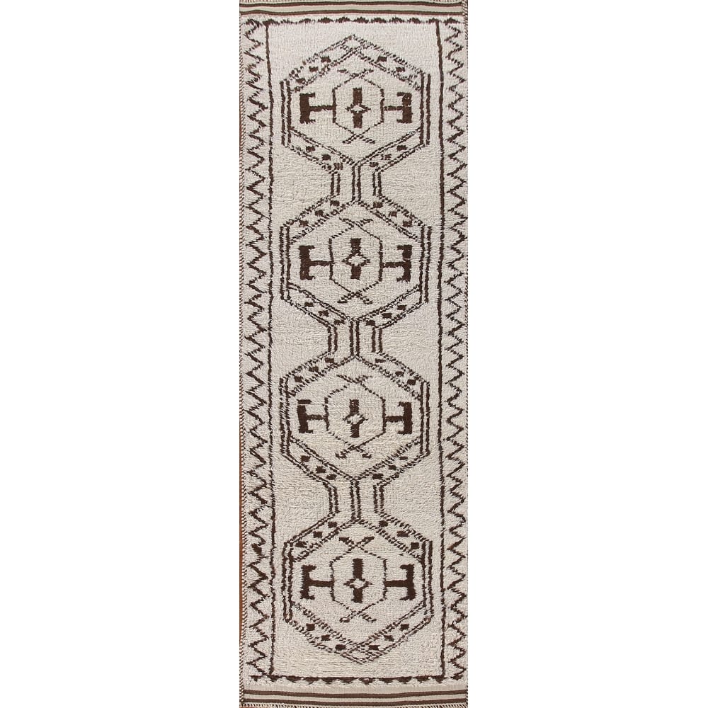 Beige Tribal Anatolian Runner Rug Hand-knotted Wool Carpet - 3'1"x 12'7"