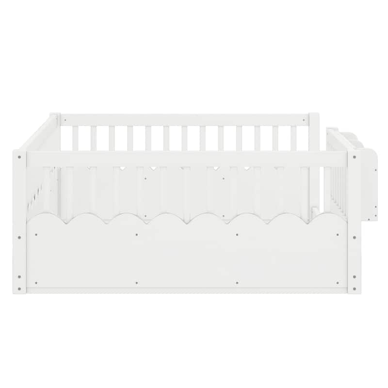 Full Floor bed with Heightened Fence and bookshelf, Wood Floor Bed for Kids