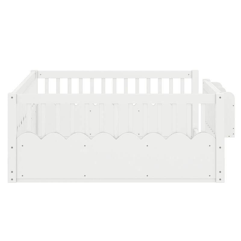 Roomfitters Floor Bed with Bookshelf and Heightened Fence, Solid Wood Frame with Guardrails