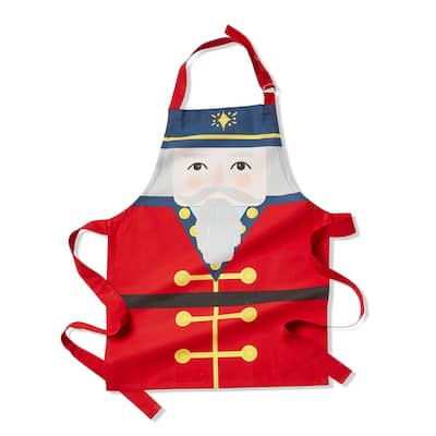 Nutcracker Boy Christmas Apron - Red Cotton Kitchen Apron, 23.6" H x 18.9" W, Machine Washable Cooking Textiles
