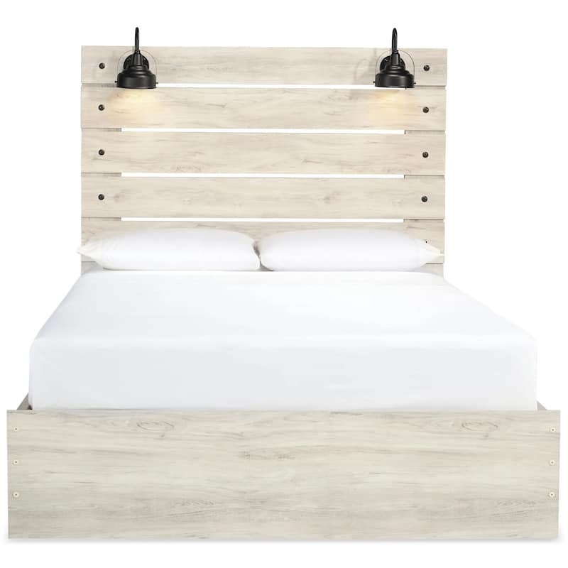 Cemy Rustic Queen Panel Bed, 2 Sconce Lights and Drawers, Whitewash