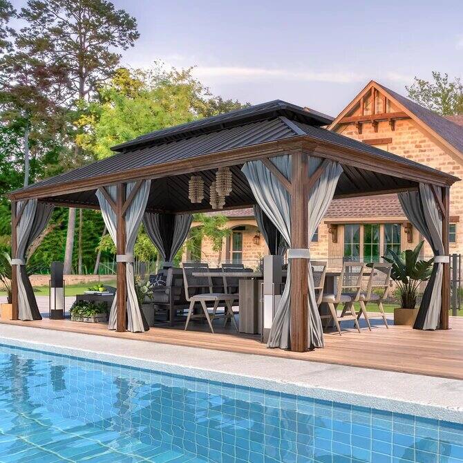 Erommy Pro Series Outdoor Galvanized Steel Roof Gazebo Pergola w/ Aluminum Frame & Vertical Rain Cutter