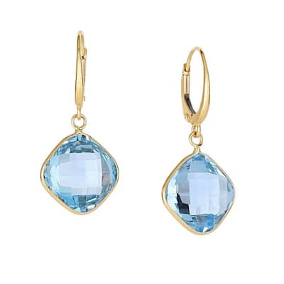 Curata 14k Yellow Gold 12mm Cushion Briolette Blue Topaz Lever Back Earrings 30x12mm