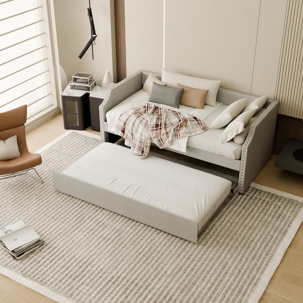 Modern Twin Size Upholstered Daybed with Trundle, Light Gray Fabric Sofa Bed with Plywood Slats and Nailhead Trim