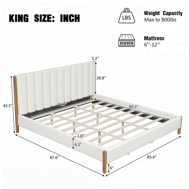 Bed Frame with Boucle Upholstered Thick Headboard and Solid Wooden Legs