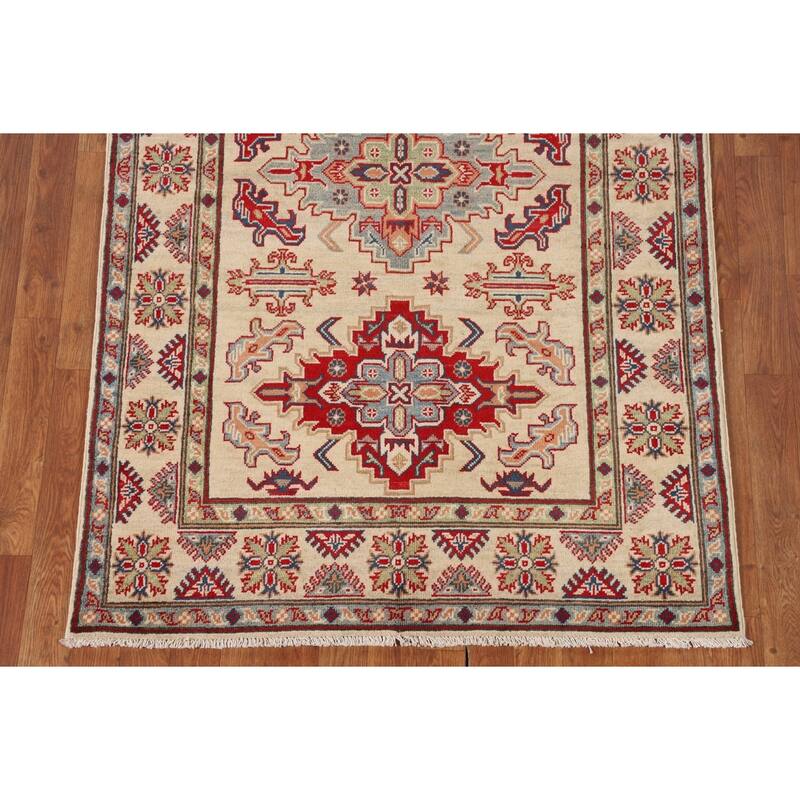 Geometric Beige Kazak Area Rug Handmade Oriental Wool Carpet - 3'11" x 5'10"