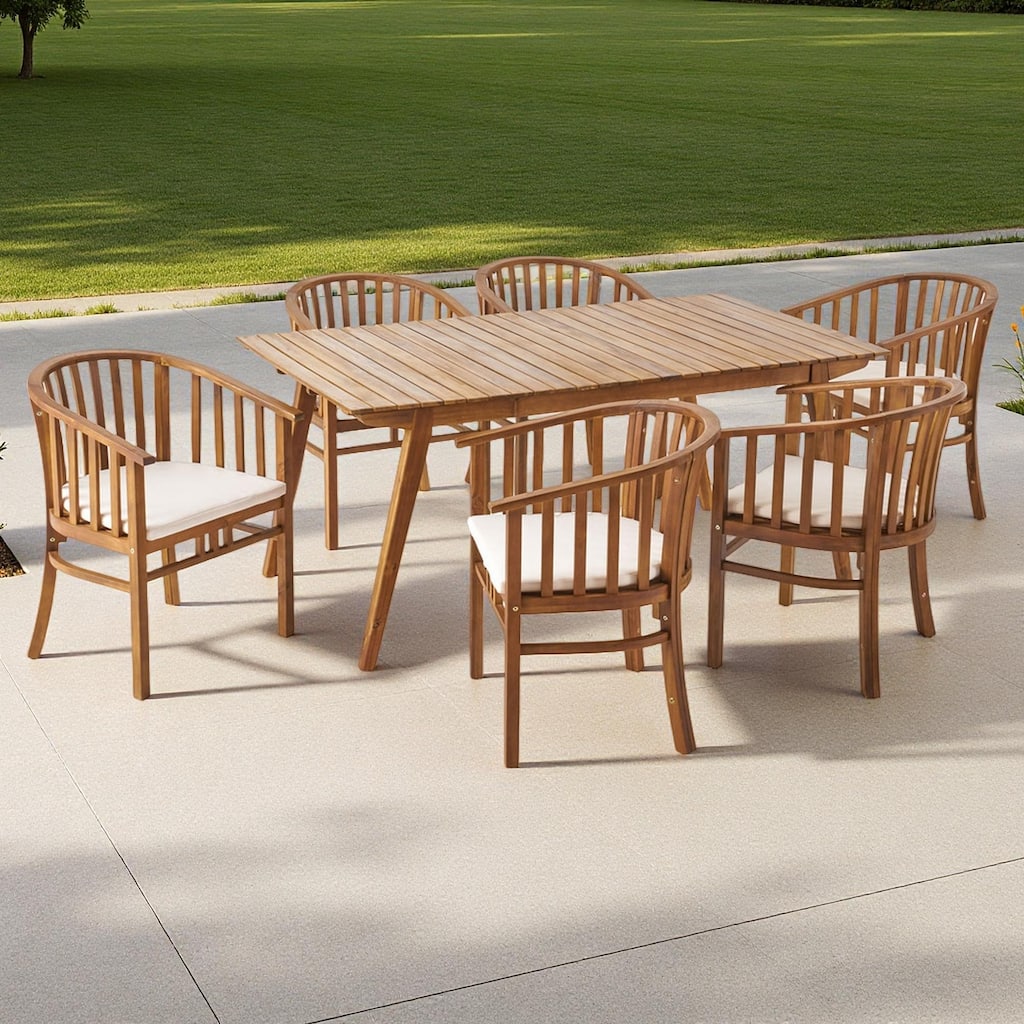 7-Piece Outdoor Acacia Wood Dining Set with Rectangular Table and 6 Cushioned Chair
