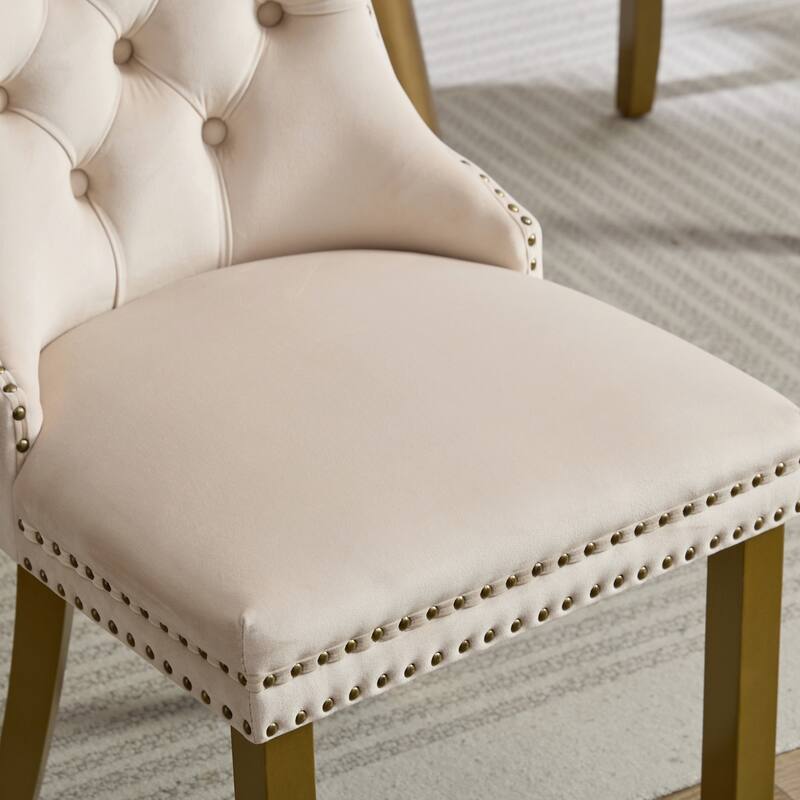 Velvet Dining Chairs Set of 2, Tufted Dining Chairs with Nailhead Trim, Kitchen Chairs with Lion Head Pulls Ring & Wooden Legs