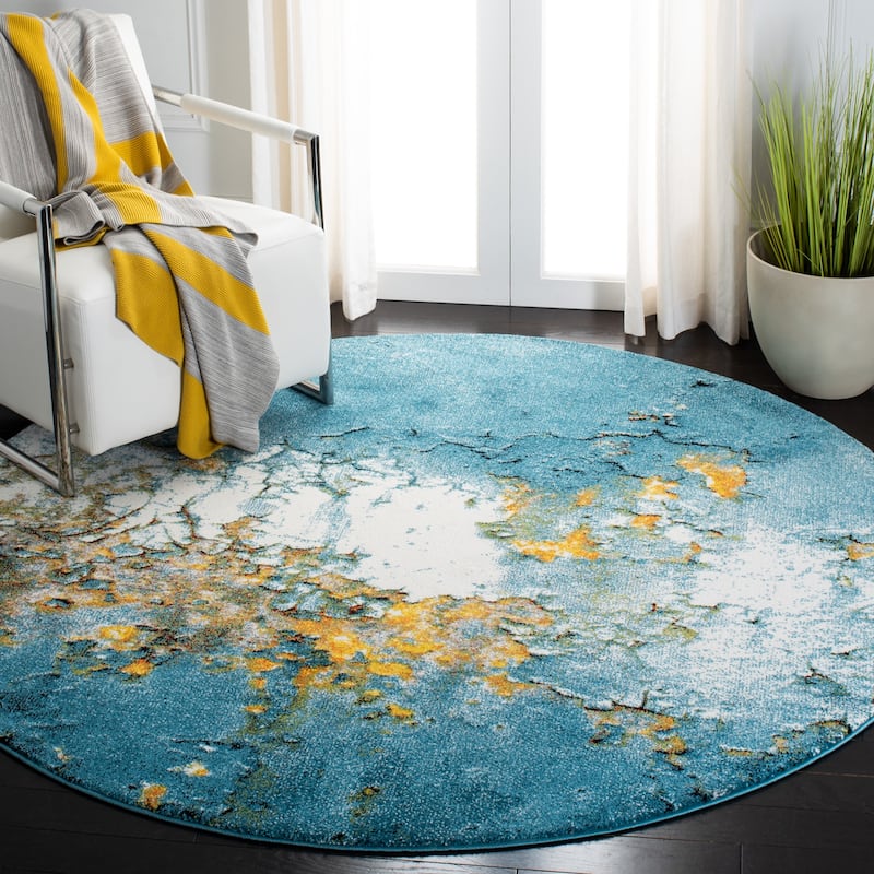 SAFAVIEH Glacier Bertille Modern Abstract Rug - 4' Round - Blue/Gold