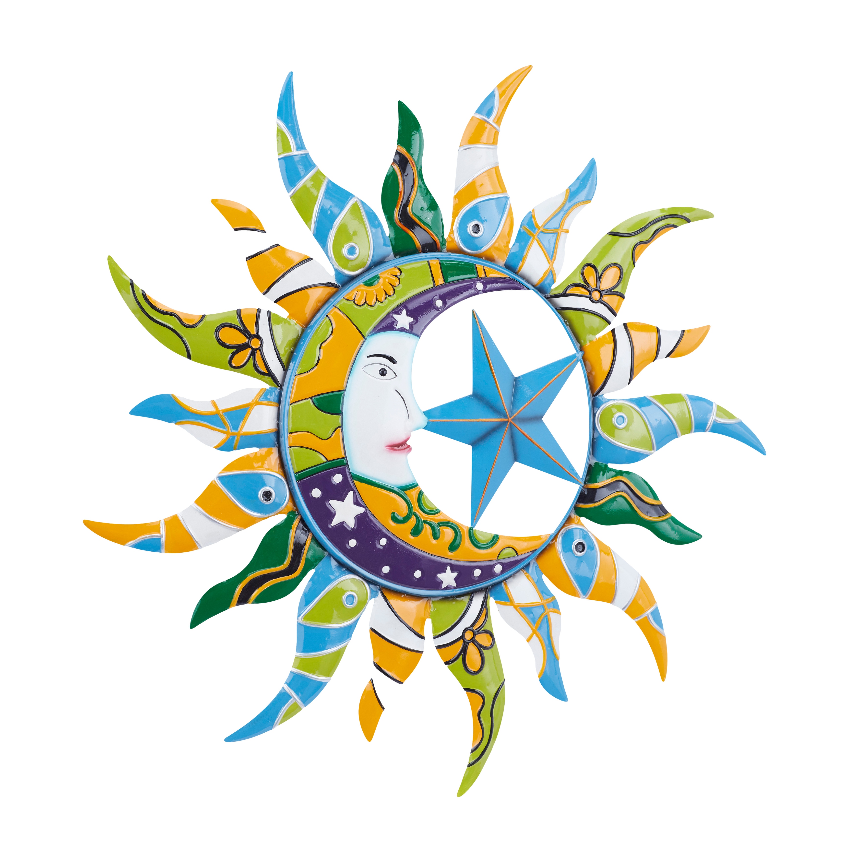 Multi Color Metal Eclectic Whimsical Celestial Sun Art Wall Sculpture