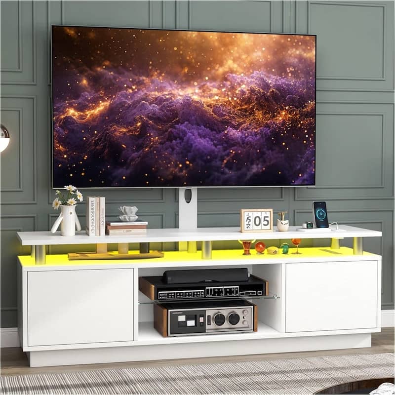 LED TV Stand with Mount for 32 to 75 inch TVs Power Outlets White - 73 inches