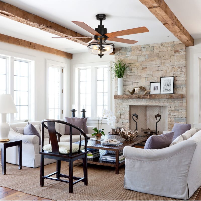 52-in Farmhouse Brown Glass Shade 5-Blade Reversible Ceiling Fan with Light Kit and Remote - 52 Inches