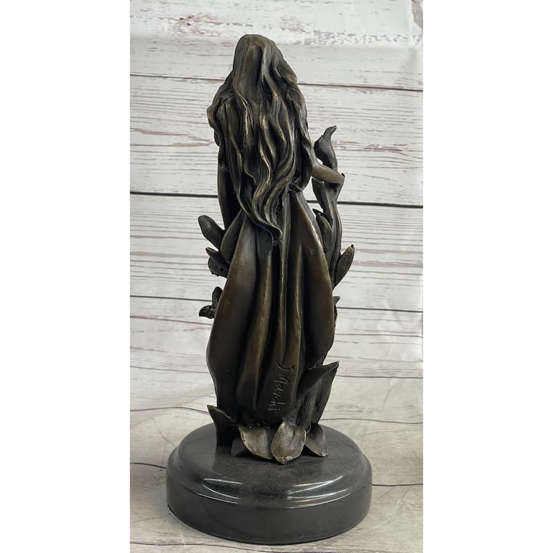 Nymph Girl Among The Flowers Bronze Sculpture Statue Figure On Marble Base