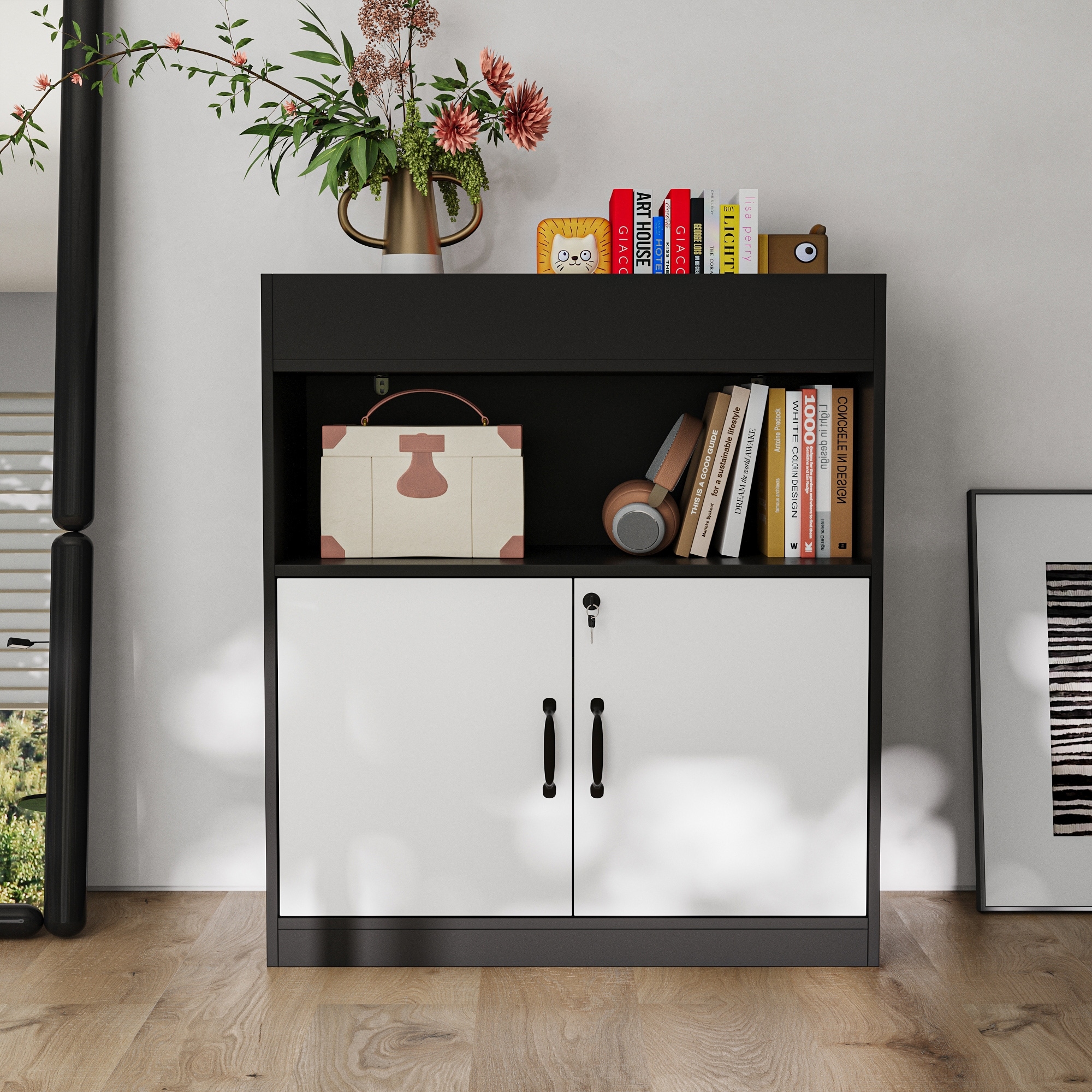 Modern Office Storage Cabinet with Locking Doors, Open Shelf & File Storage, Black and White Credenza for Home Office