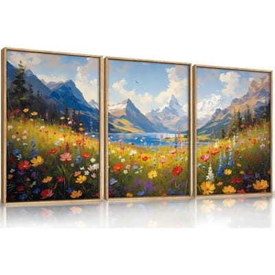 Blue Sky Lake Green Tree Grass Wall Decor,Nature Flower Artwork