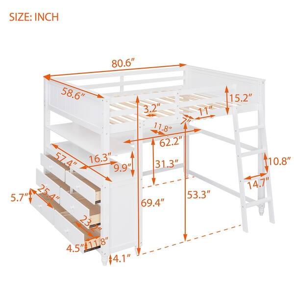 dimension image slide 1 of 3, Full Size Loft Bed with Drawers and Writing Desk, Wooden Storage Bed with Shelves, Safety Guardrails and Ladder