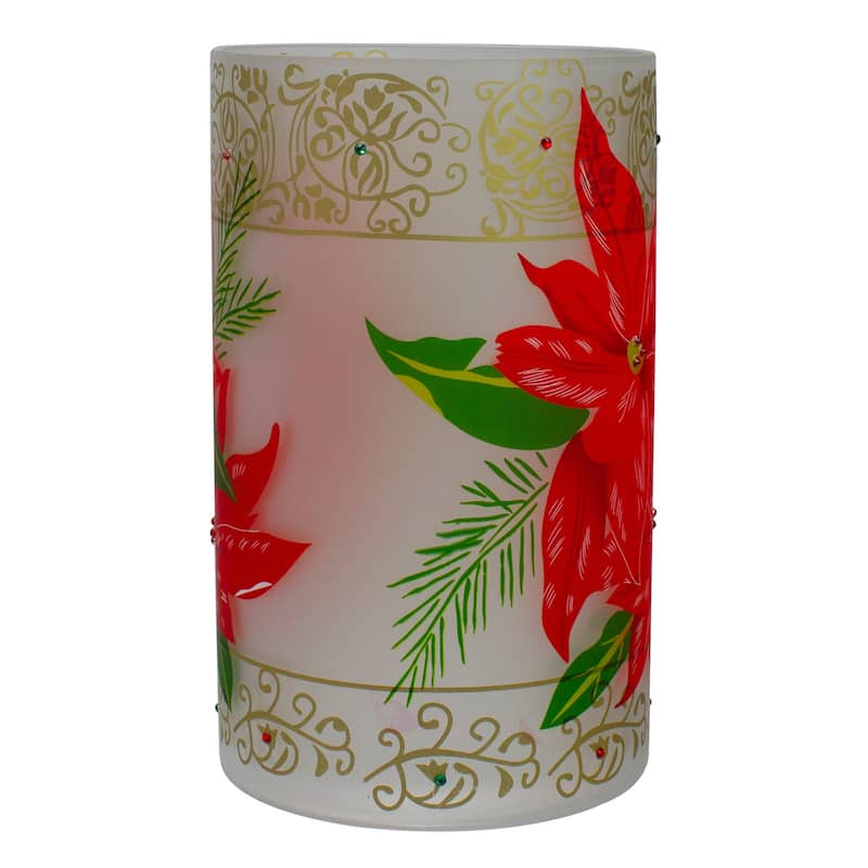 10" Red Poinsettias Gold Flameless Glass Christmas Candle Holder