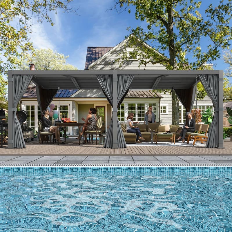 EROMMY Outdoor Louvered Pergola Gazebo with Adjustable Aluminum Rainproof Roof and Pull-Down Screen