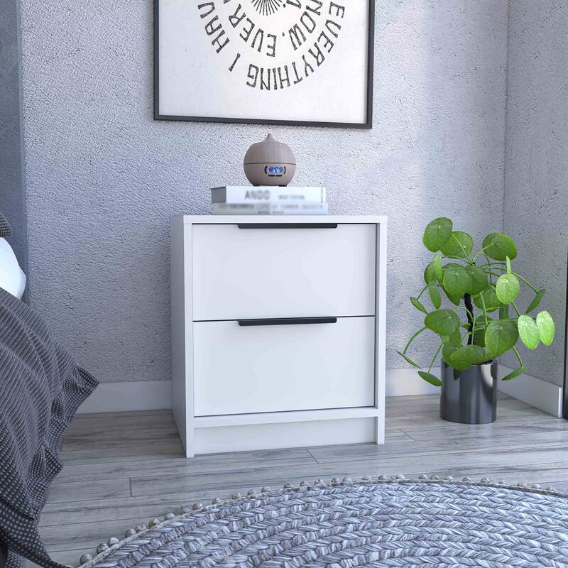 Modern White Nightstand with Two Drawers, Compact Side Table for Bedroom or Living Room - White