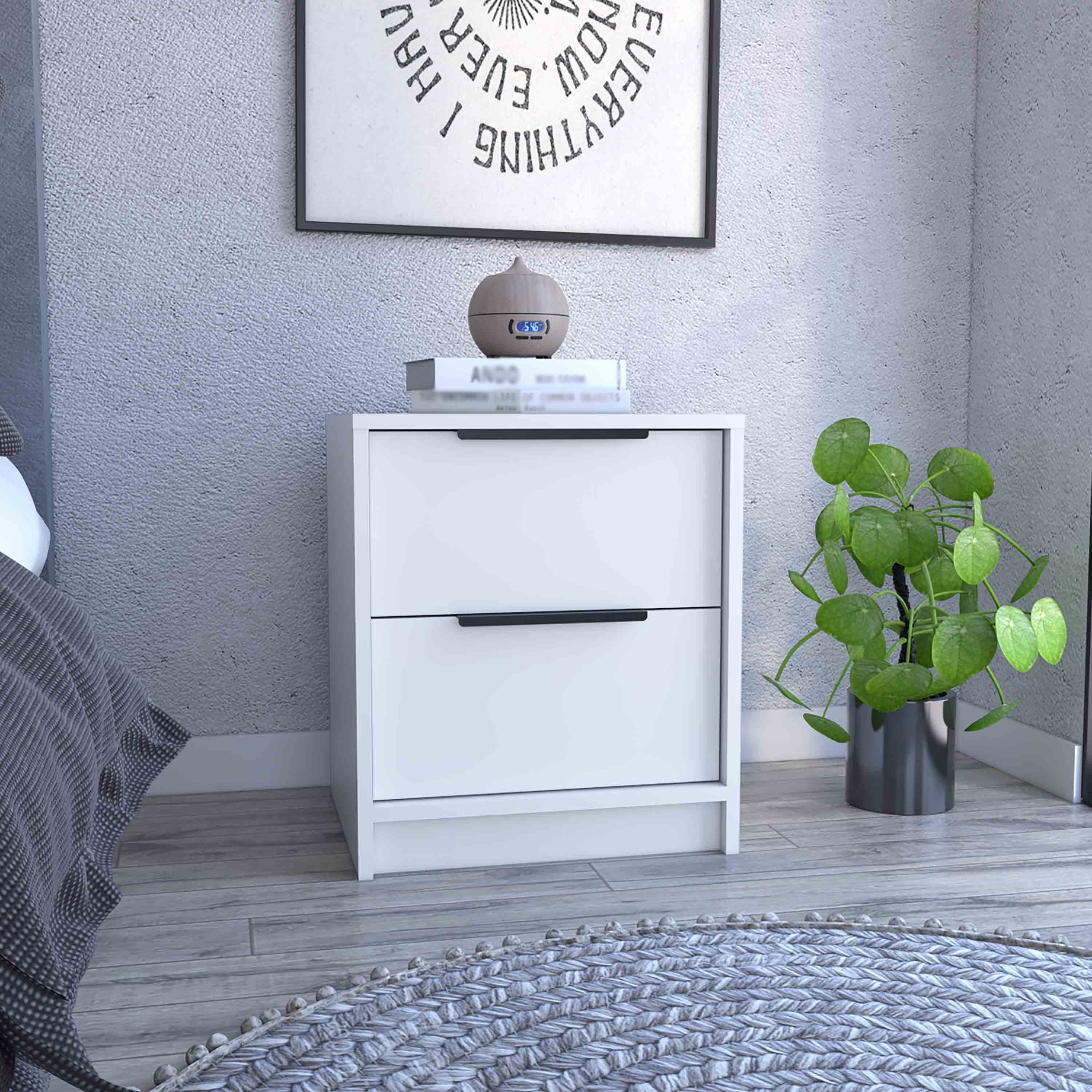 Modern White Nightstand with Two Drawers, Compact Side Table for Bedroom or Living Room