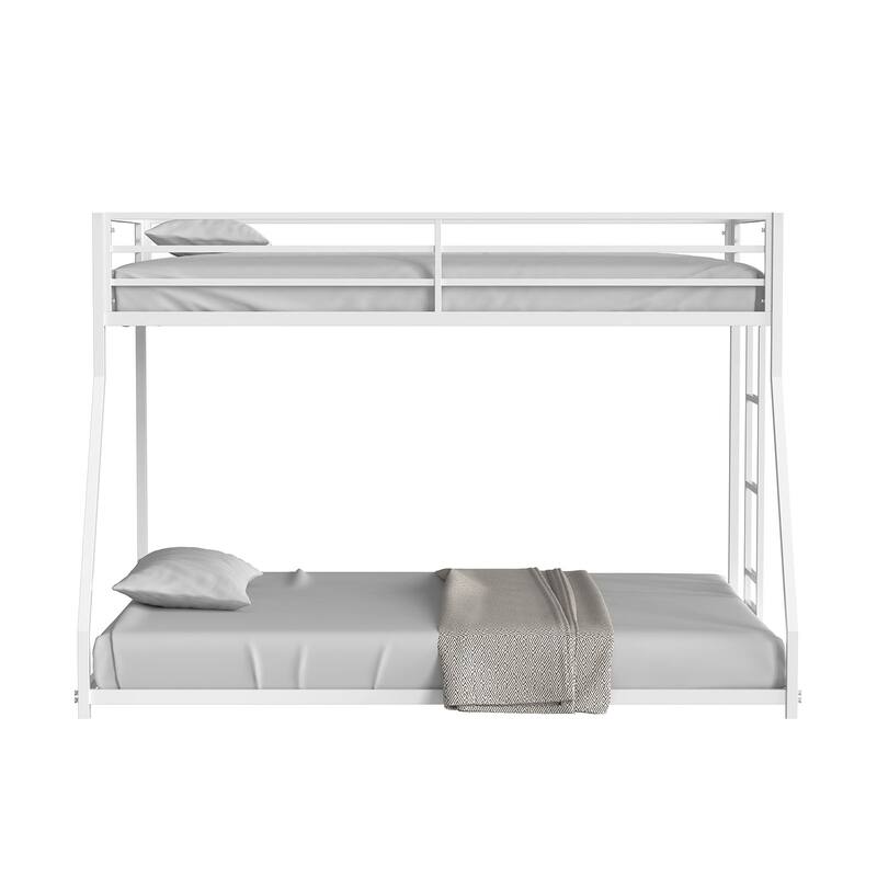 Metal Low Bunk Bed with Attached Ladder, Matte White Finish, Mattress Ready, Full Metal Construction
