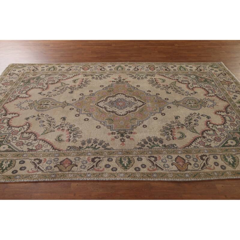 Beige Tabriz Persian Vintage Area Rug Handmade Wool Carpet - 6'3"x 9'7"