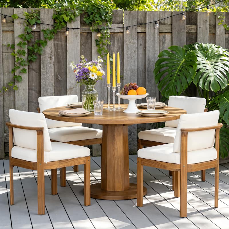 Christopher Knight Home - Modern Wooden Outdoor Dining Chair with Cushions - Set of 4_Cream+Teak