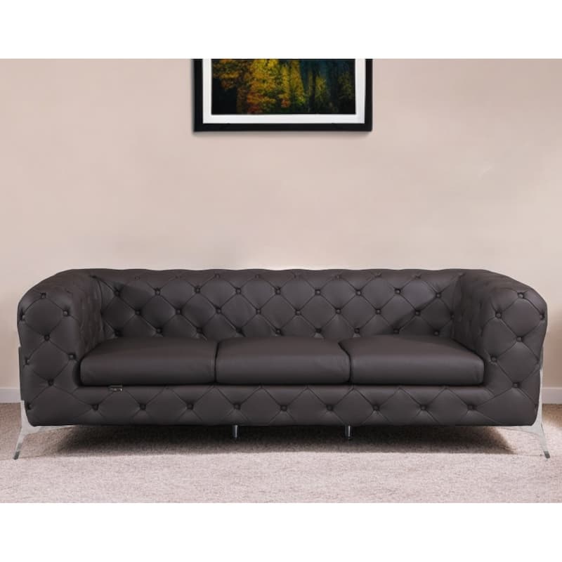 93" Brown Italian Leather Sofa With Silver Legs - 31" H x 93" W x 38" D