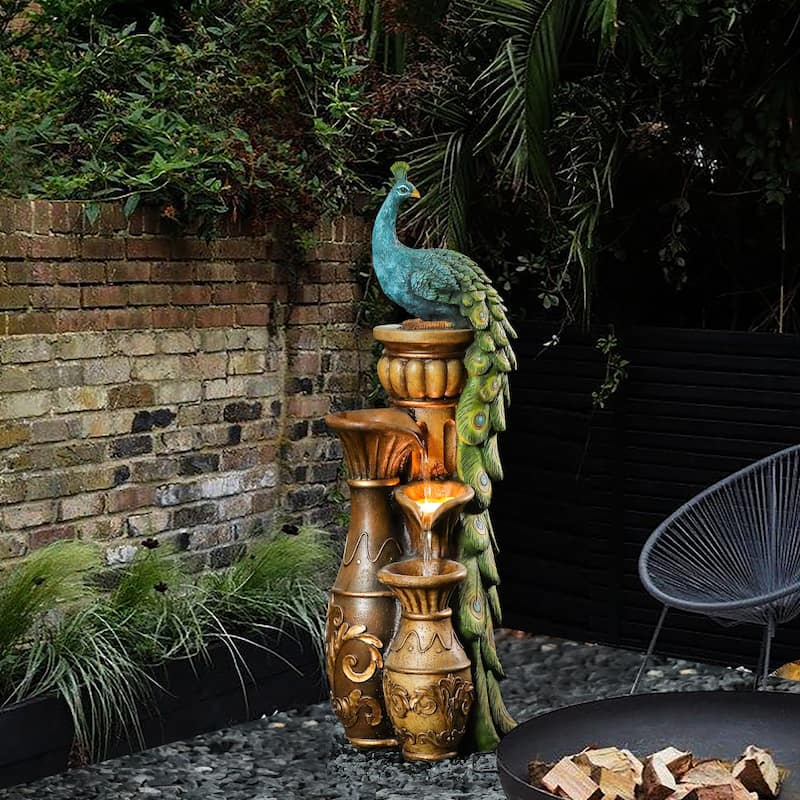 Peacock and Urns Resin Outdoor Fountain with LED Lights