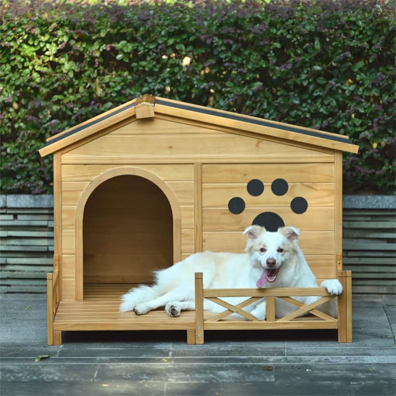 48" Wooden Dog House Outdoor with Porch, Dog Kennel with Water-Resistant Asphalt Roof and Fencing