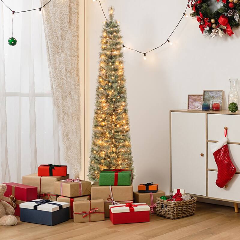 Gymax 6/7 FT Pre-Lit Artificial Christmas Tree Slime Pencil Christmas