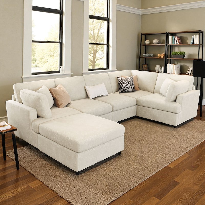 127" U-Shaped Modular Sectional Sofa with Movable Ottoman, 6-Piece Chenille Couch Set with Pine Wood Frame for Living Room