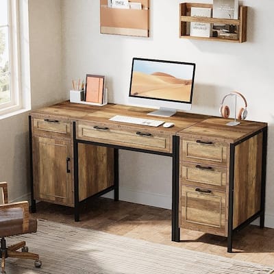 Vintage Computer Desk with 5 Drawers and Storage Cabinet for Home Office