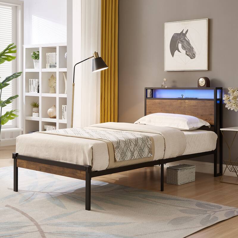 Twin Bed Frame with LED Lighting and Remote Control, Modern Brown Engineered Wood and Metal Bed Compatible