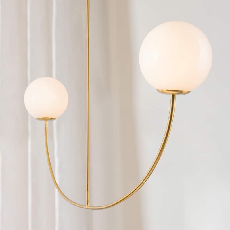 55" Modern Linear 2-Light Brass Finish Island Pendant with Milk White Glass Globe Shades for use in Dining Room