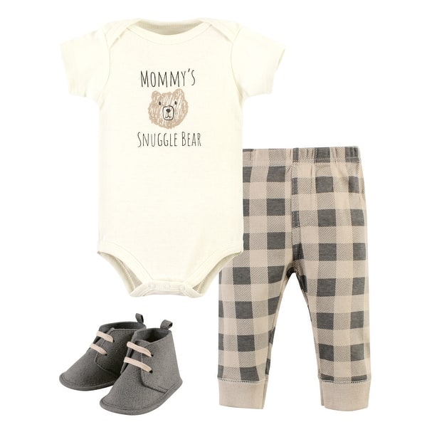 slide 2 of 2, Hudson Baby Cotton Bodysuit, Pant and Shoe Set, Snuggle Bear Short Sleeve 0-3 Months - Snuggle Bear Short Sleeve