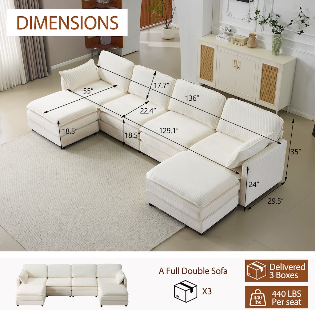 U-Shaped Modular Sectional Sofa with 2 Ottomans, Oversized Corduroy Upholstered Cloud Sofa, 4-Seater Sofa with 2 Throw Pillows