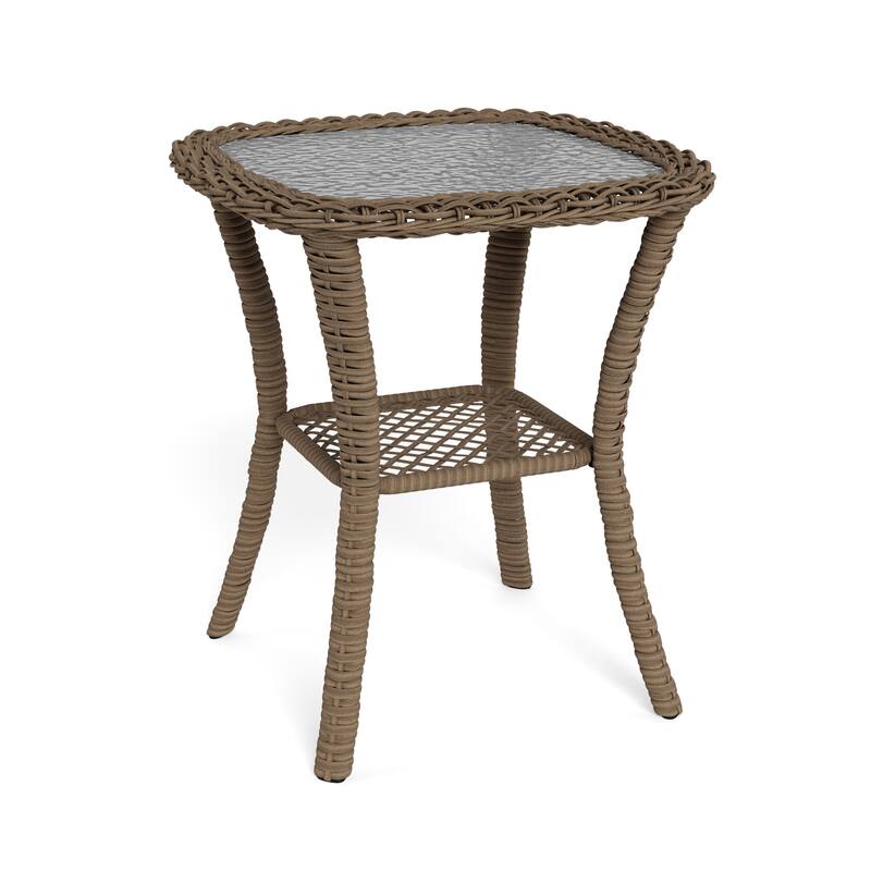 Rio Vista Outdoor Wicker Side Table with Tempered Glass Top - Sandstone