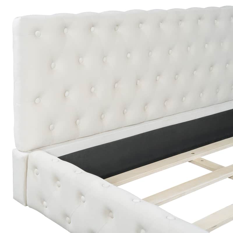 HomeRoots Beige Tufted Velvet Upholstered Queen Bed Frame