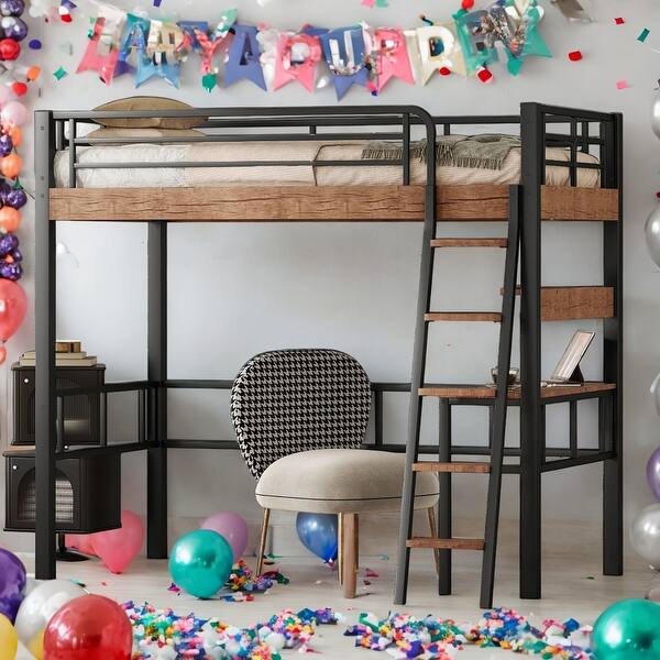 slide 2 of 9, Modern Twin Size Metal Loft Bed With Built-in Desk,Storage Shelf And Ladder for Bedroom Black