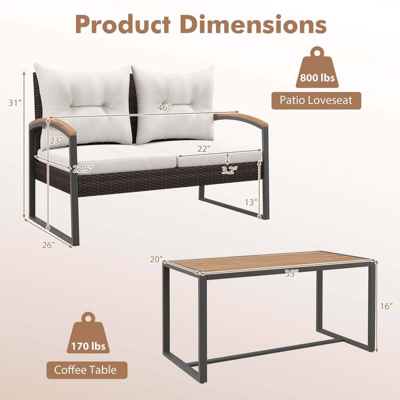 Gymax Set of 2 PE Wicker Furniture Set Loveseat w/ Acacia Wood Coffee