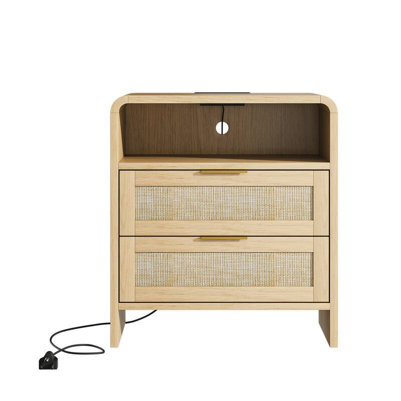 22.8" Rattan Nightstand with Charging Station, 2 Drawers & Open Shelf, Curved Modern Bedside Table