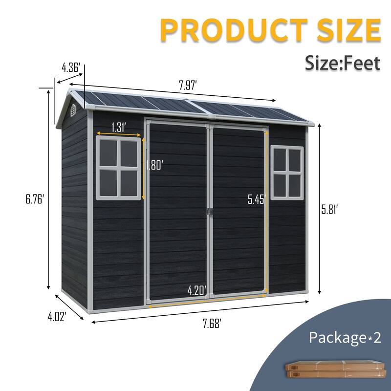 8ft x 4ft Outdoor Storage Shed – Plastic Shed with Two Windows, Double Doors & Floor for Garden, Patio, Yard & Lawn