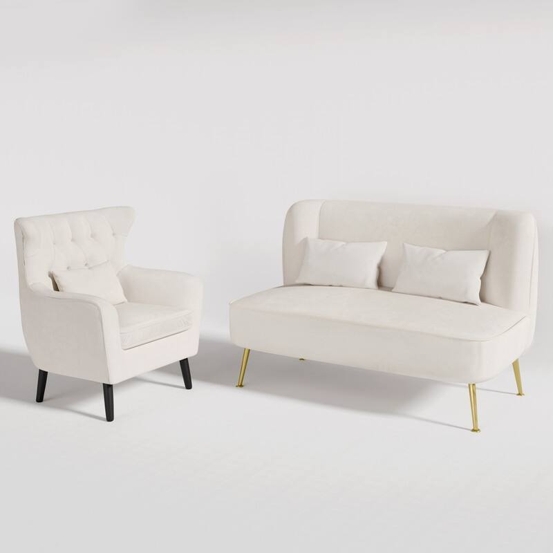 Upholstered Tuft Velvet Metal Thick Cushion Two Accent Chairs Loveseat