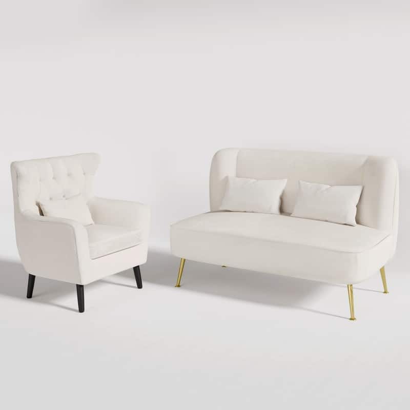 Velvet Upholstered Metal Legs Tuft Thick Cushion Loveseat - Beige Velvet