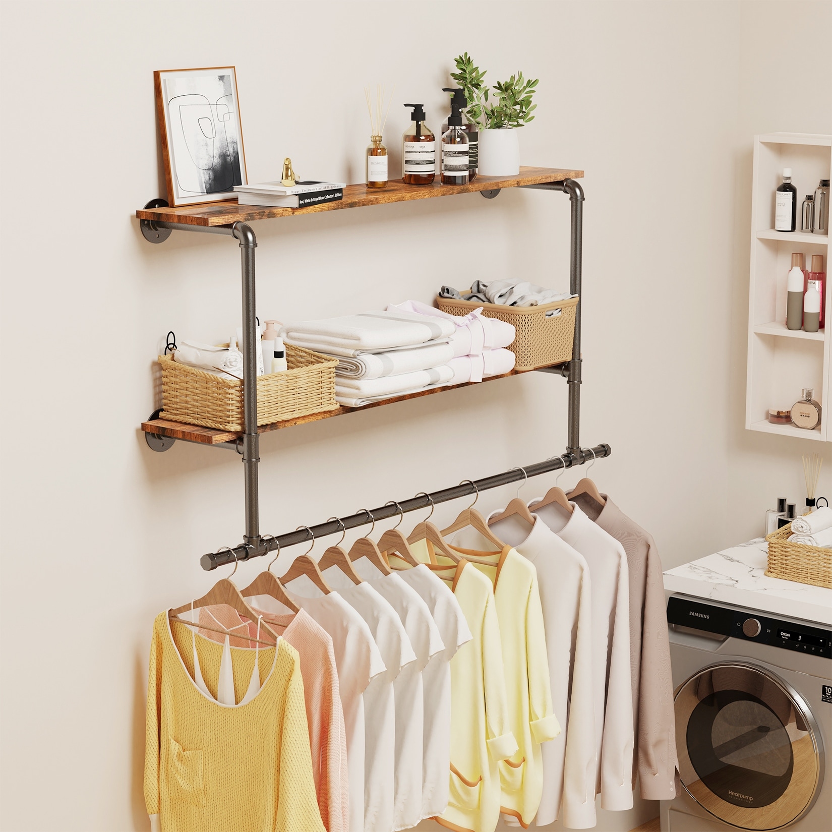 Wall clothes rail with shelf outlet