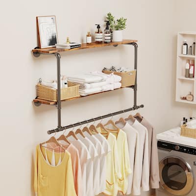 Wall Mounted Clothes Rack with Shelf Industrial Pipe Garment Rack Bar - 45.7x7.56x26.6 inch