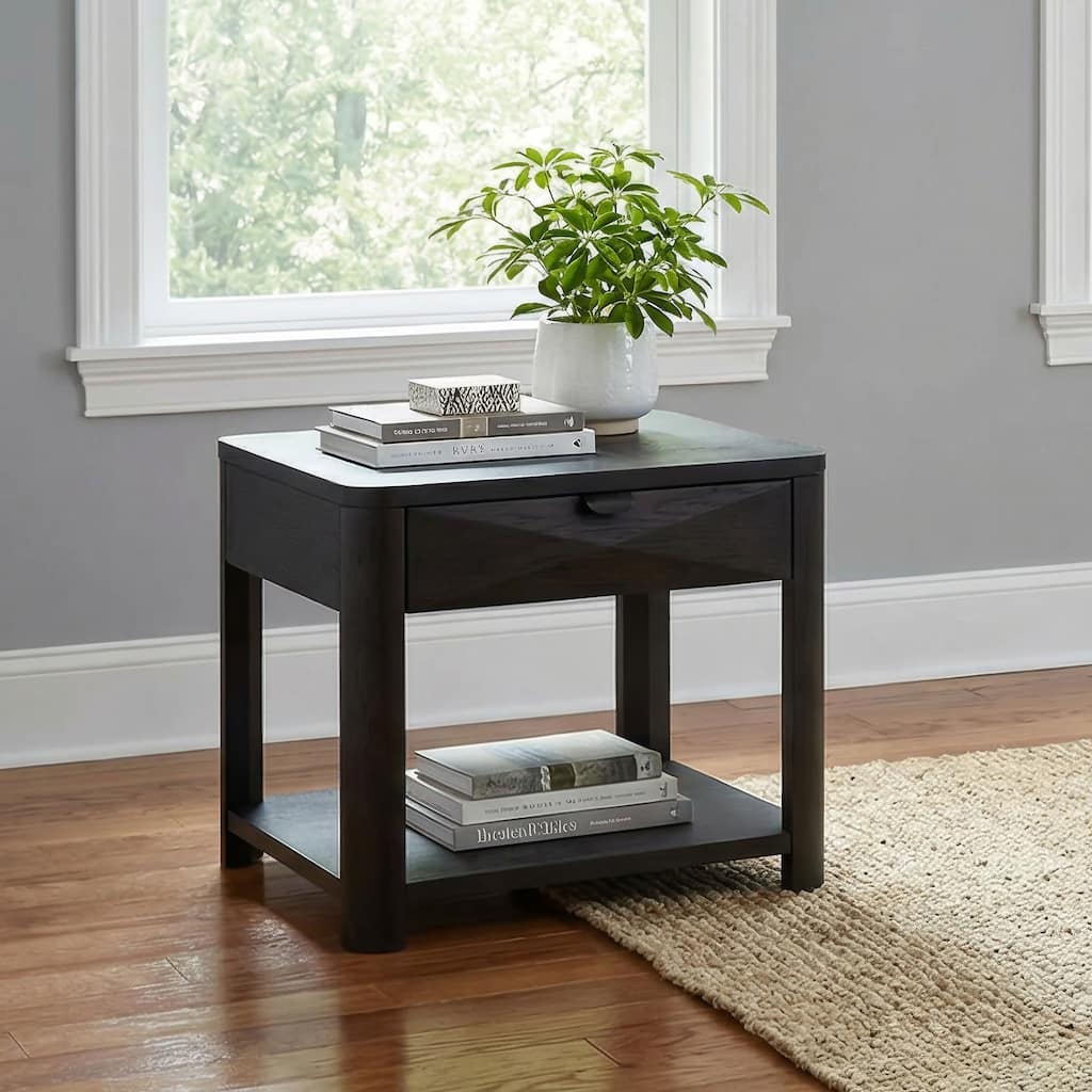 Marcelo Wood End Table with Drawer and Shelf